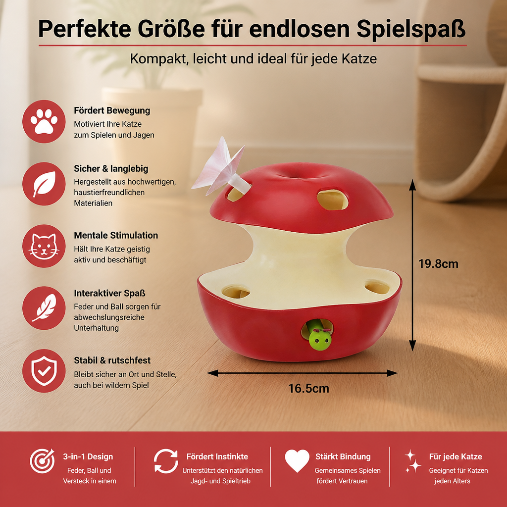 3-in-1-Katzenspielzeug in Apfelform – Interaktives Spielzeug mit Feder und Ball