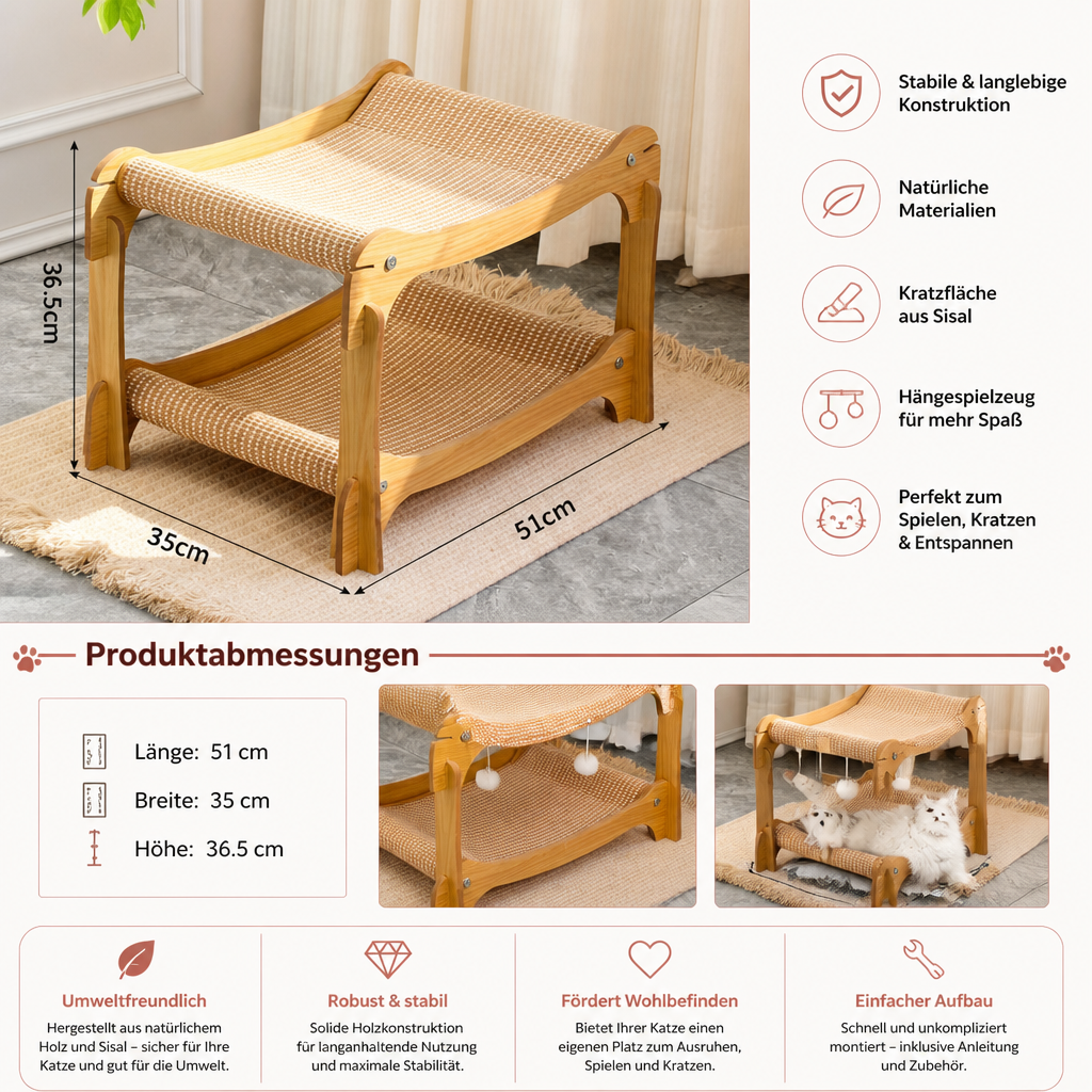 Doppelstöckiges Katzen-Spiel- & Liegebett aus Holz mit Sisal-Kratzrampe & Hängespielzeug