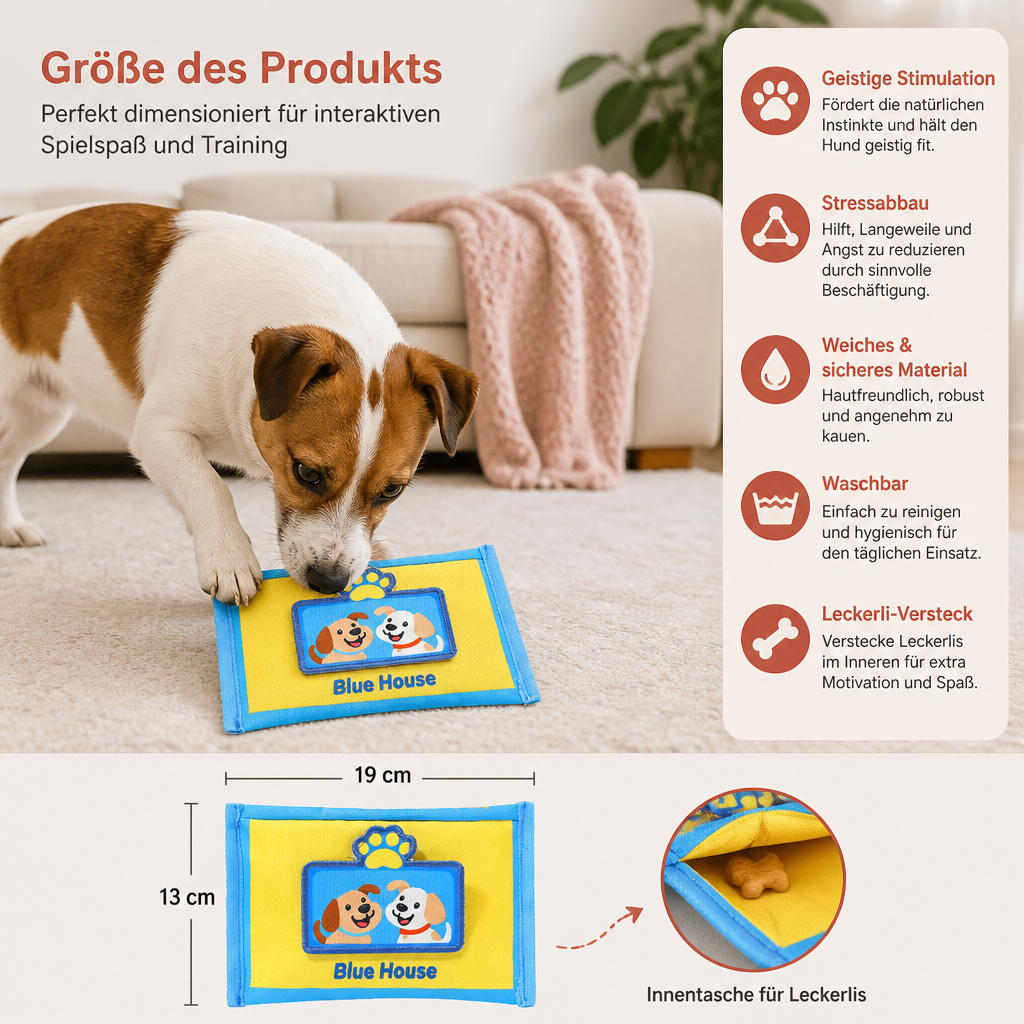 Langlebiges Schnüffelspielzeug für Hunde im Tuchbox Design – Mit Versteckfach & Quietschfunktion