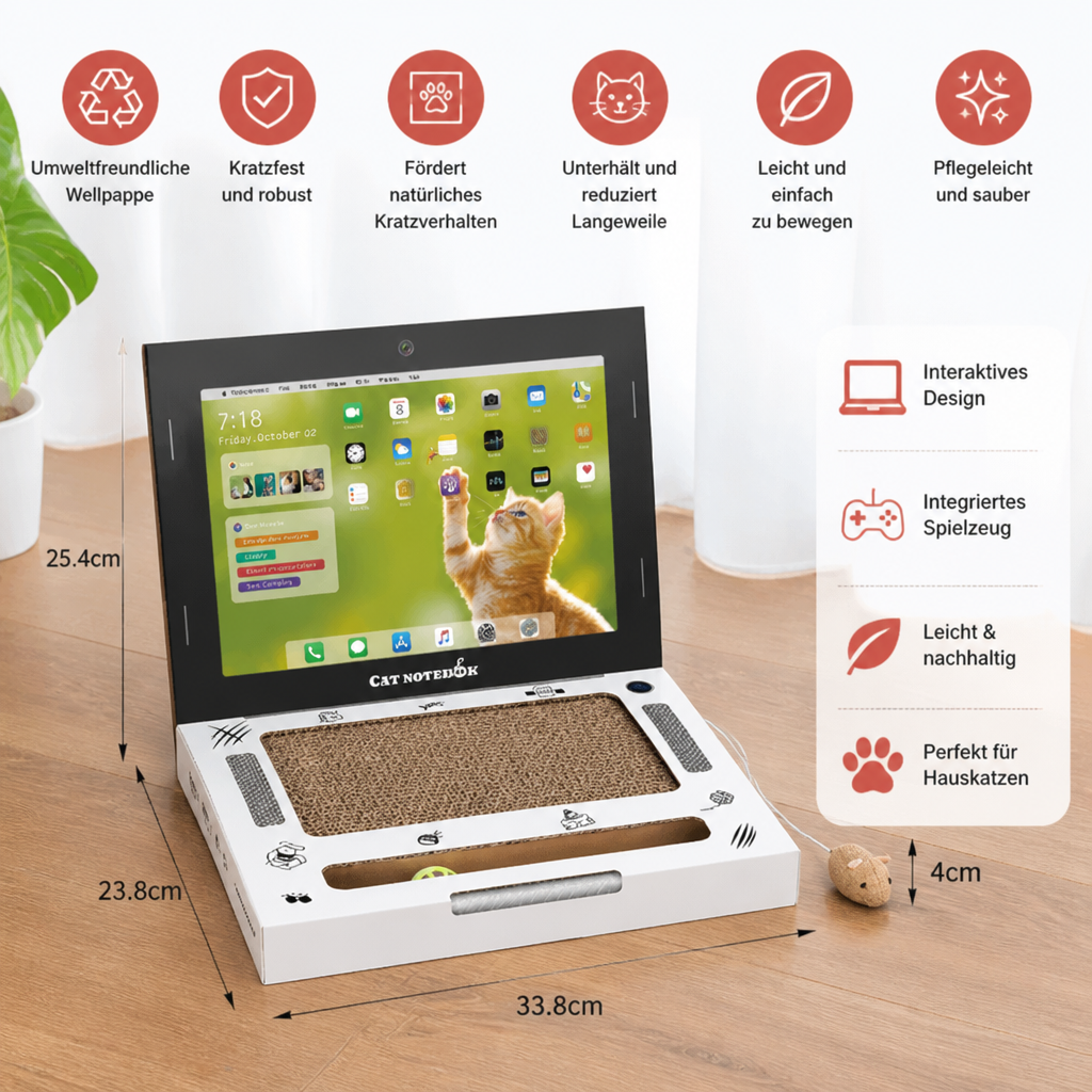 Laptop-Katzenkratzer aus Pappe & interaktives Spielzeug