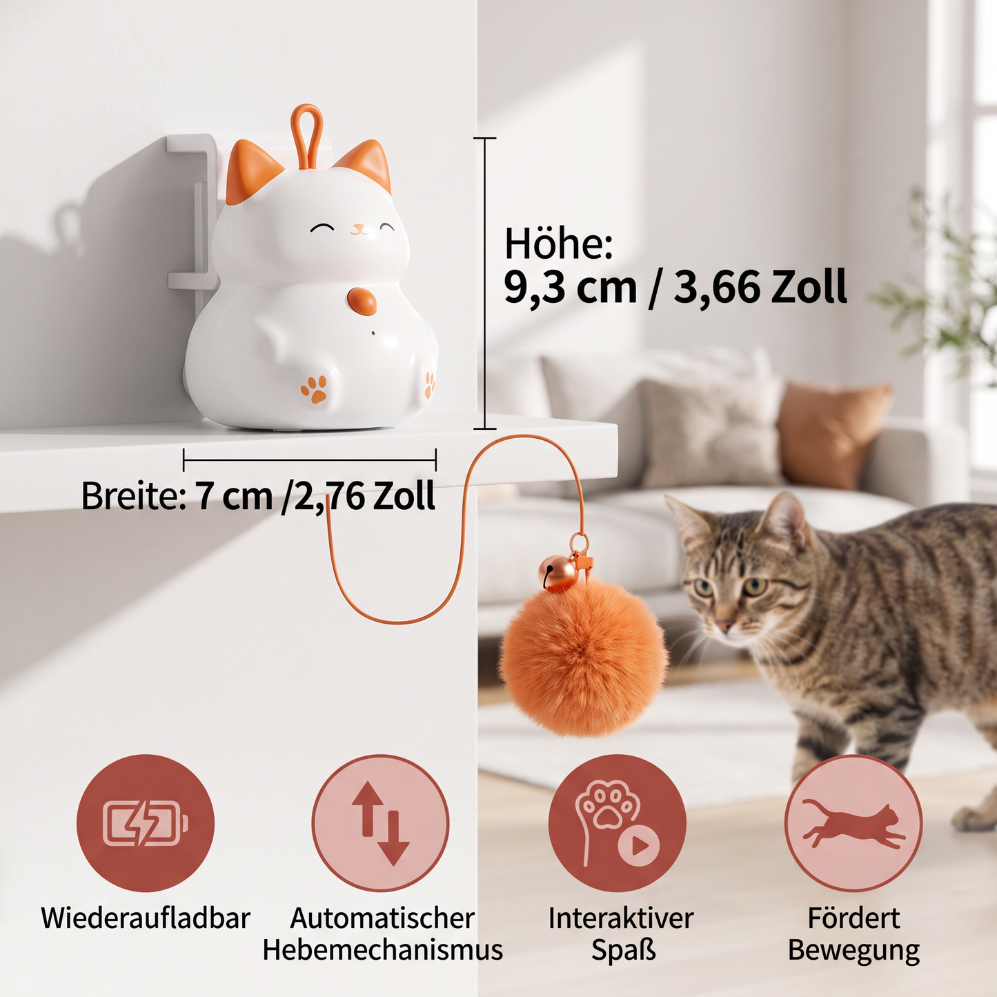 Interaktives, wiederaufladbares Katzenspielzeug – Automatischer Pompon-Wurfspielzeug mit Hebemechanismus