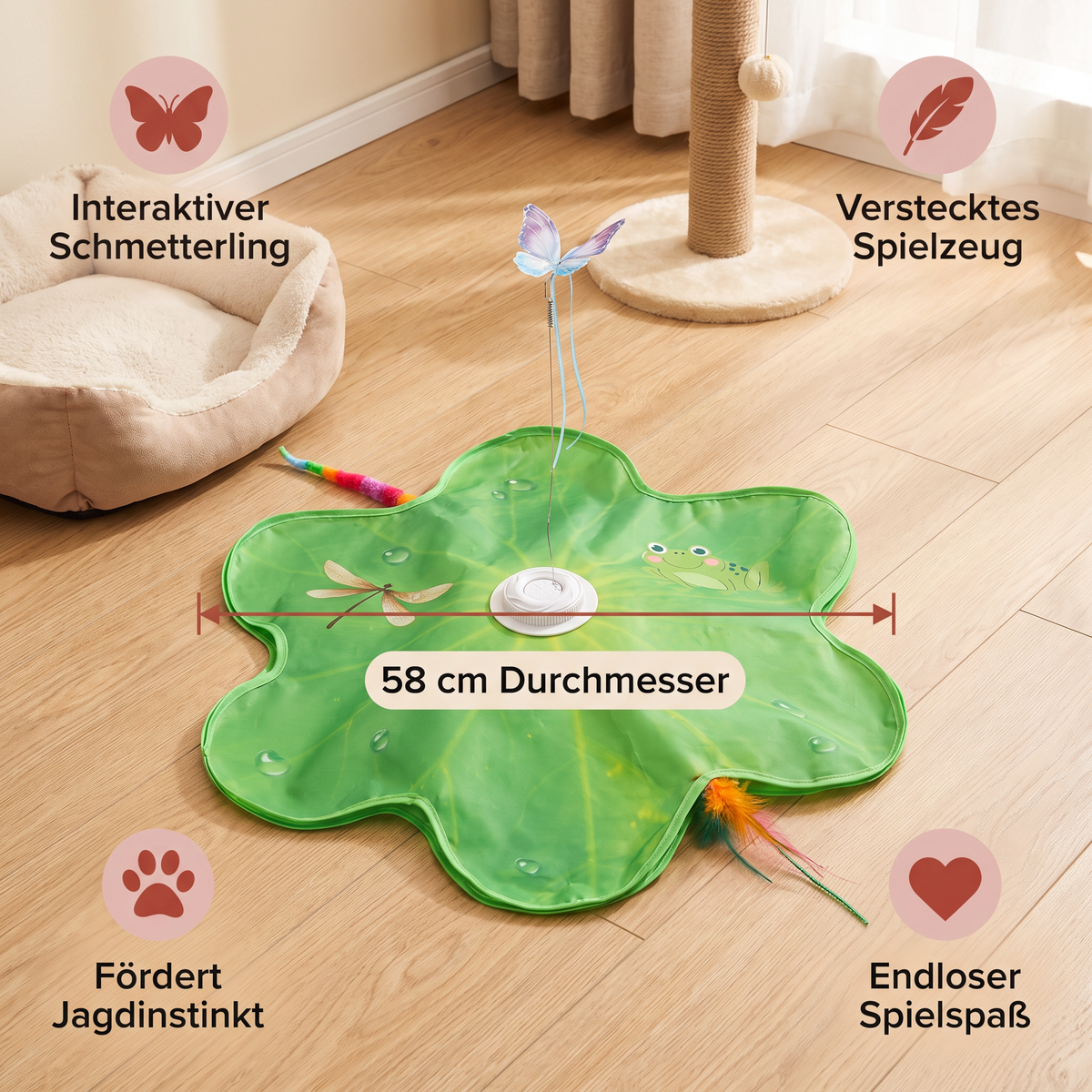Interaktives 3-in-1-Katzenspielzeug mit Schmetterling – Spielmatte mit Schmetterling und Feder-Spielzeug