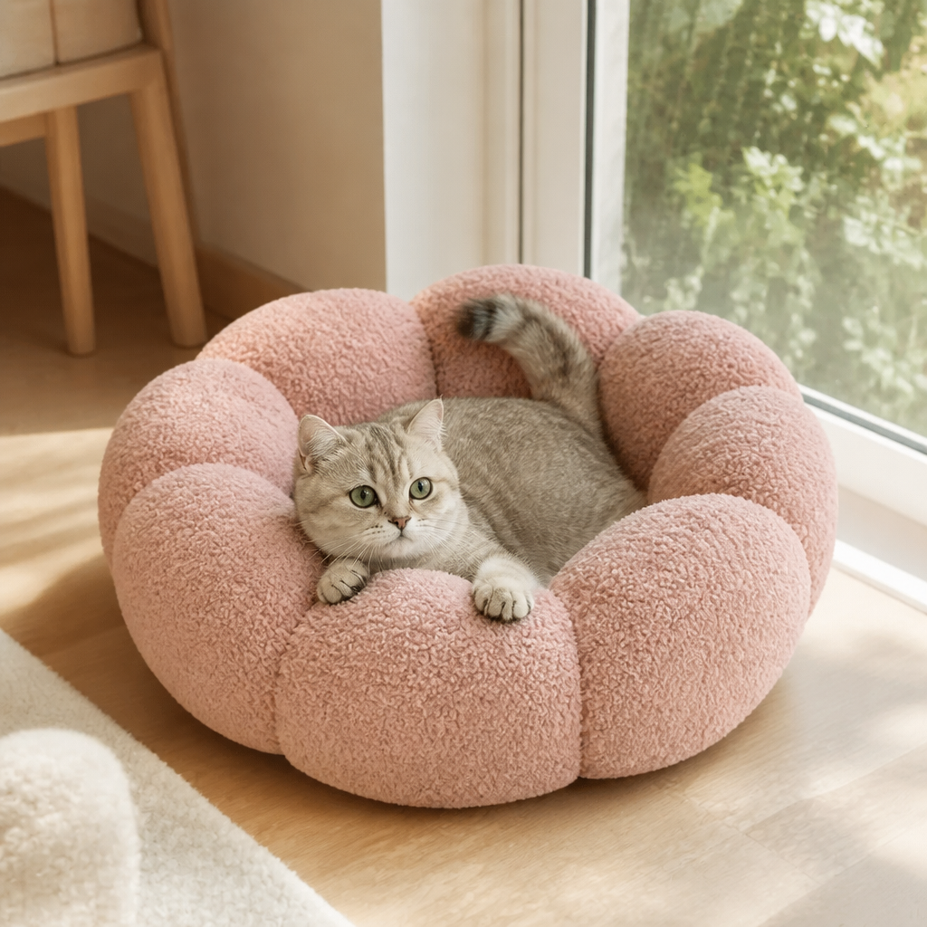 Luxuriöses flauschiges Donut-Katzenbett mit Blumenmuster – Weiches & waschbares Rundkissen