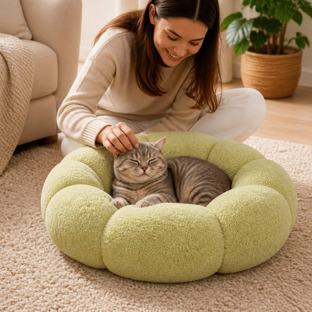 Luxuriöses flauschiges Donut-Katzenbett mit Blumenmuster – Weiches & waschbares Rundkissen