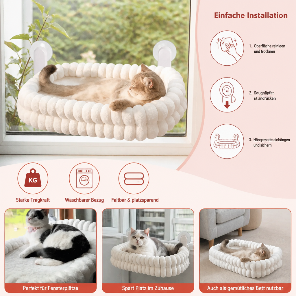 Flauschige kabellose faltbare Katzen-Fensterhängematte mit starken Saugnäpfen & waschbarem Bezug