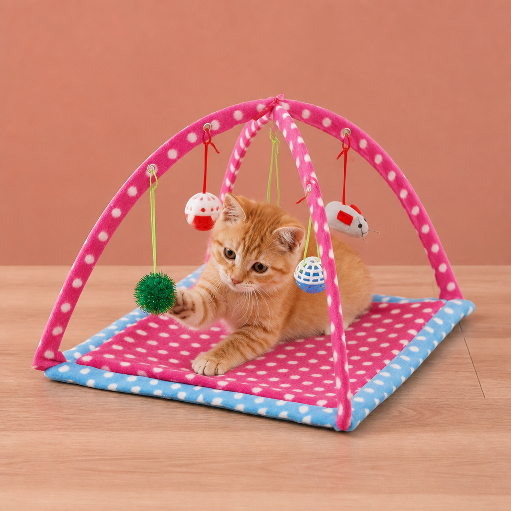 Faltbares Katzen Spielzelt mit hängenden Spielzeugen und Aktivitätsmatte