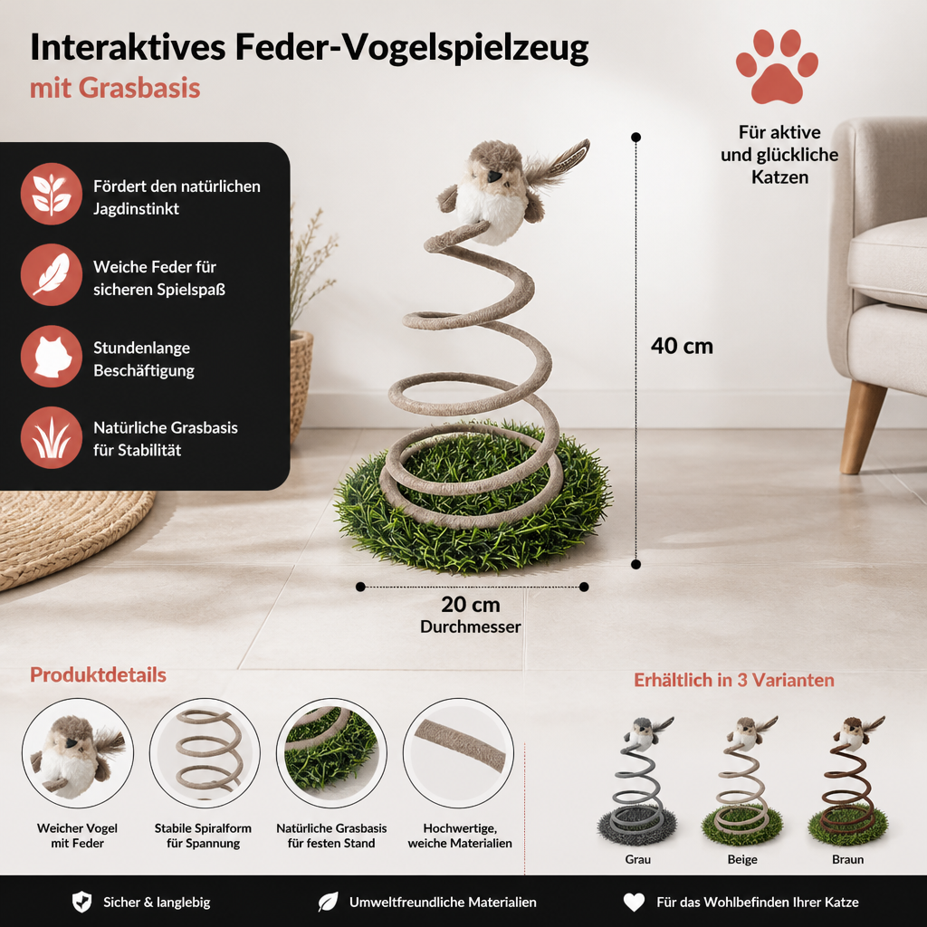 Interaktives Feder-Vogelspielzeug für Katzen mit Grasbasis