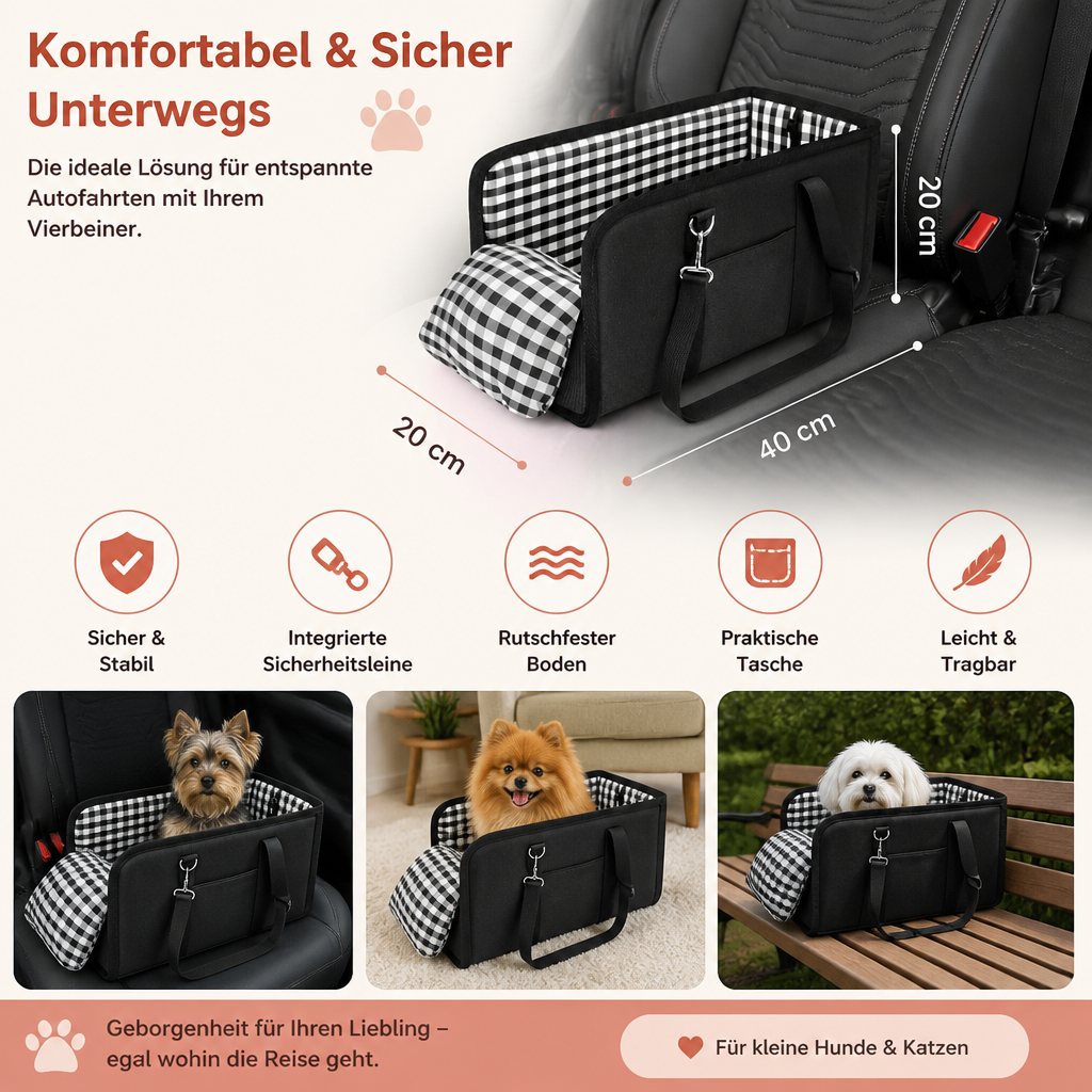 Sichere Auto-Transporttasche für kleine Hunde & Katzen mit Sicherheitsleine & rutschfestem Boden