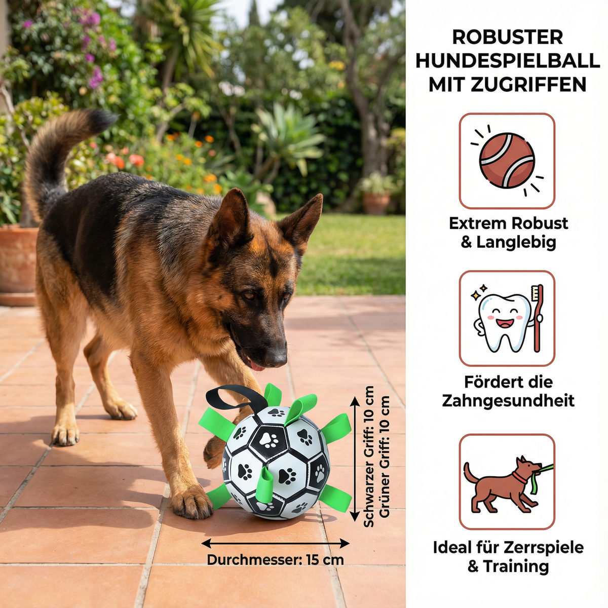 Robuster Hundespielball mit Zuggriffen
