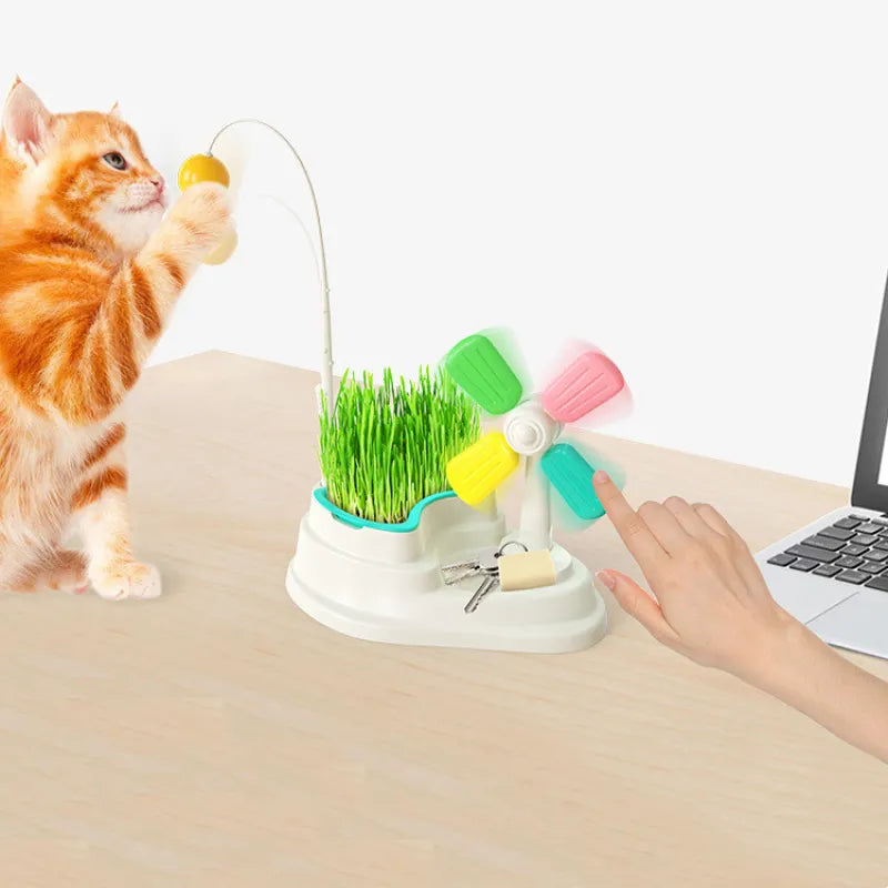 Interaktives Katzen-Spielzeug – Windmühle mit Ball und Grasständer zur geistigen Förderung