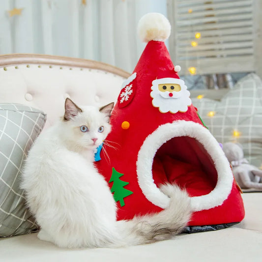 Weihnachtliches Katzenhaus für Kleine Haustiere – Kuschelige Winterhöhle mit Tannenbaum-Design