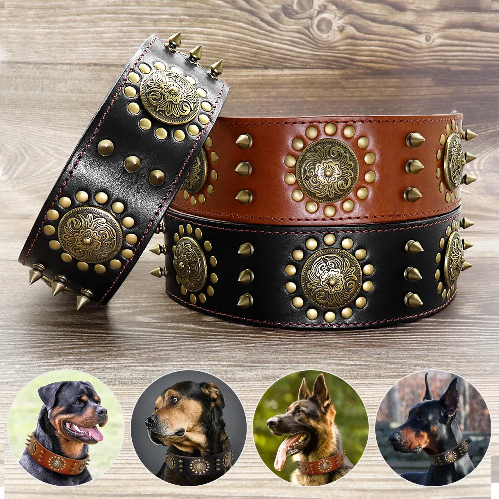 Leder Hundehalsband mit Nieten und Metallverzierungen für Große Hunde