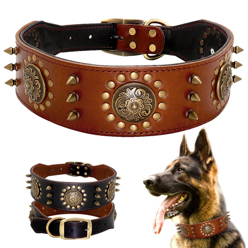 Leder Hundehalsband mit Nieten und Metallverzierungen für Große Hunde