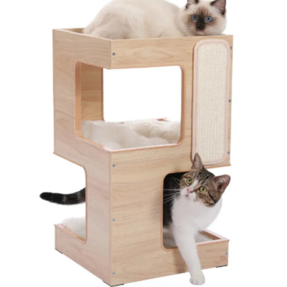 Katzenkratzmöbel Aus Holz – Kratzbaum mit Multifunktionalen Schlafplätzen und Sisalflächen