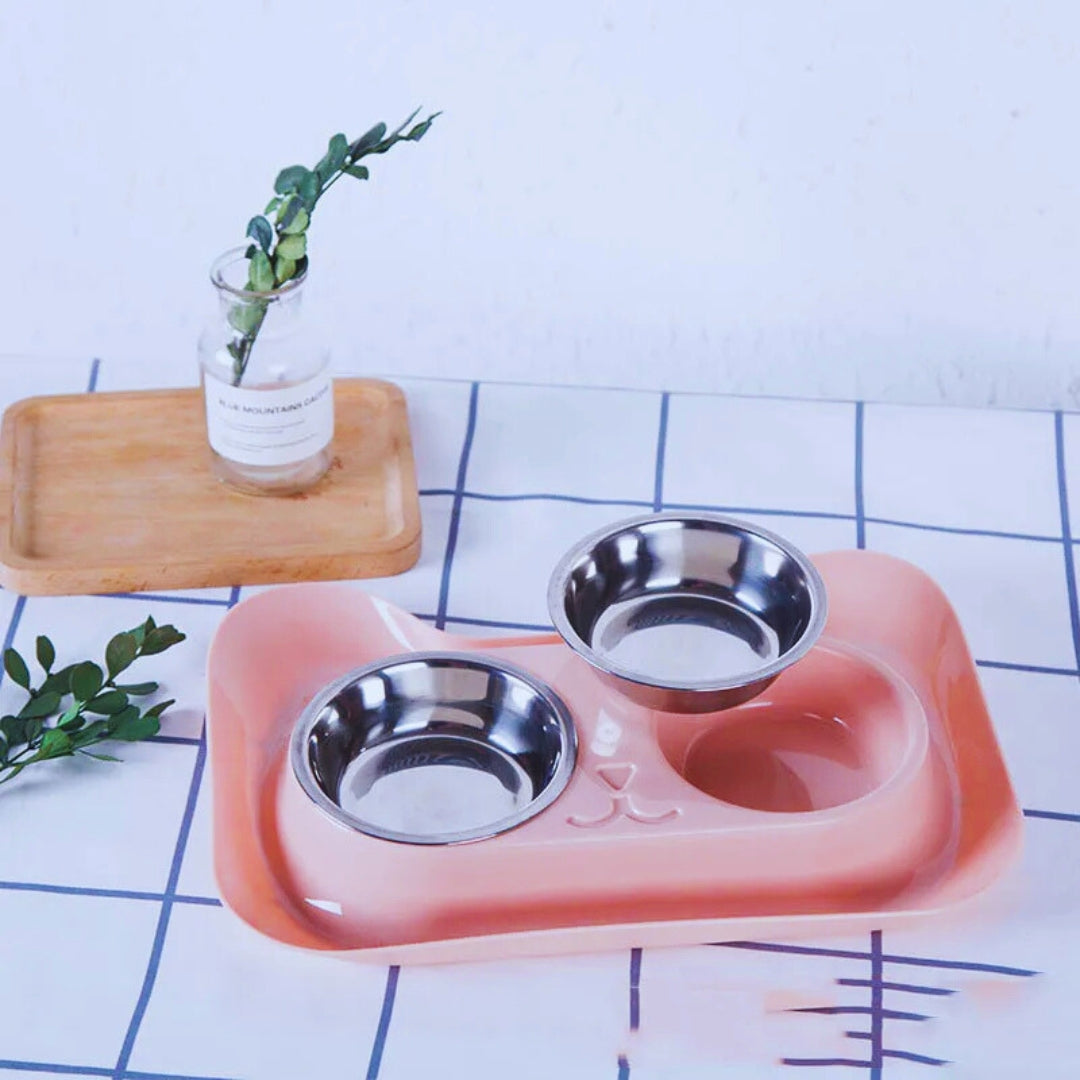 Hundenapfset Mit Zwei Edelstahl-Schalen – Praktische Futterstation Im Katzen-Design