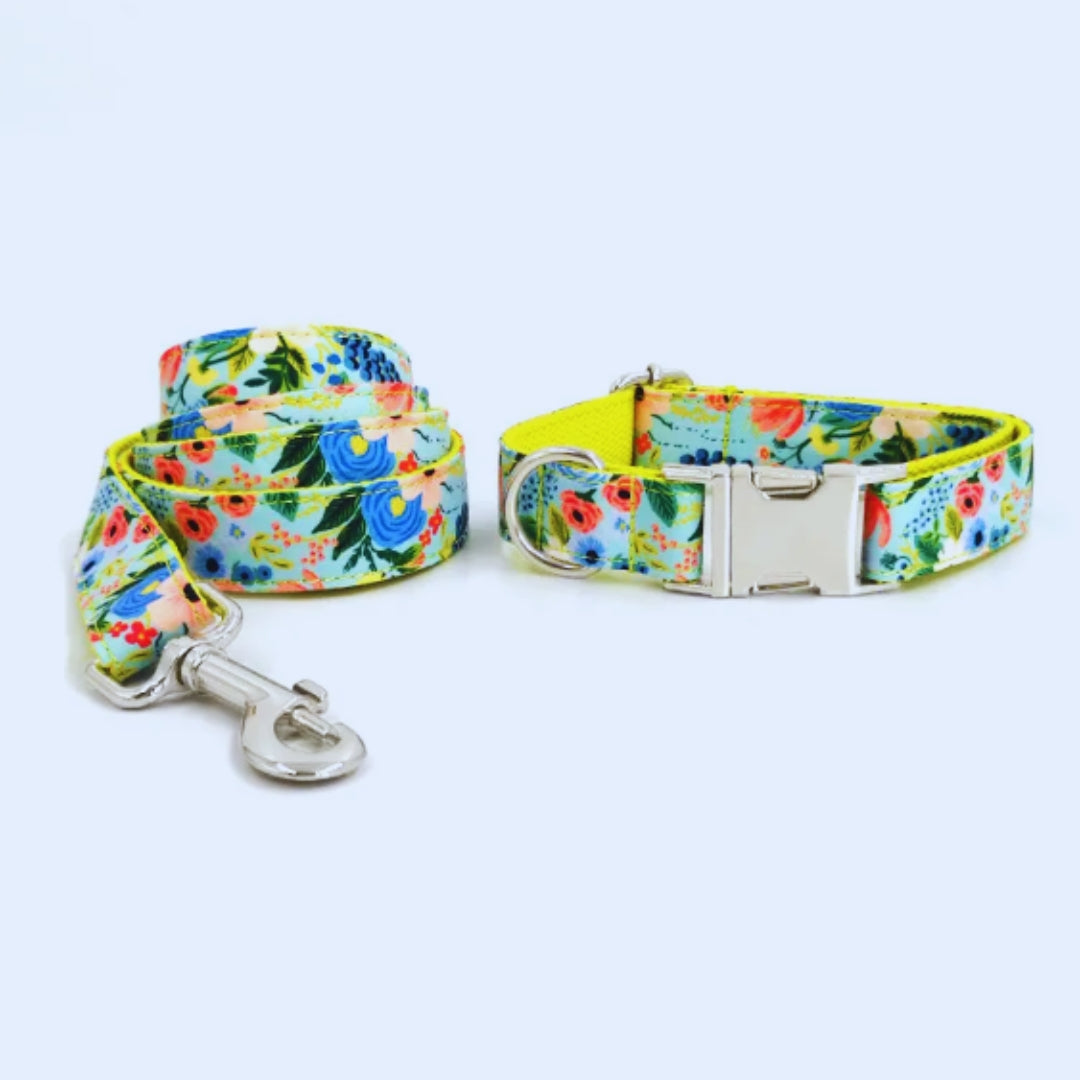 Verstellbares Hundehalsband und Leine mit buntem Blumenmuster Aus Strapazierfähigem Stoff