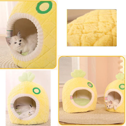 Katzenhöhle Ananas – Weiche und Gemütliche Schlafhöhle für Katzen, Haustierbett für Katzen im Frucht-Design