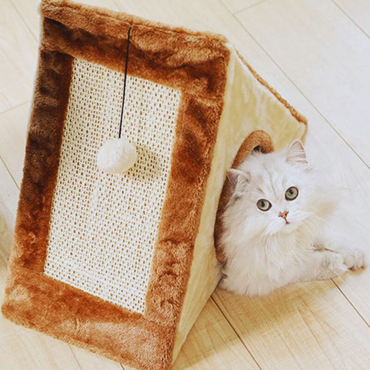 Katzenhaus in Zeltform mit Kratzfläche und Spielball für Drinnen