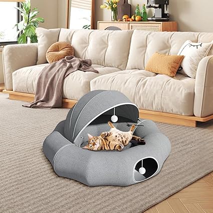 Kuschelbett für Katzen und kleine Hunde mit Abnehmbarem Dach und Spielzeug
