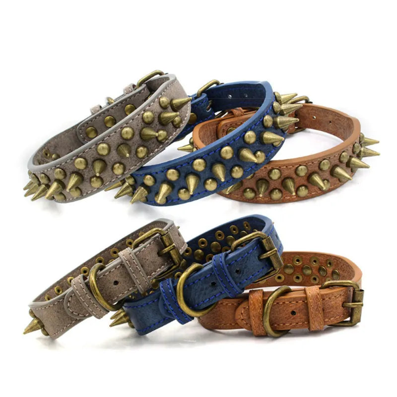 Leder Hundehalsband mit Nieten und Stacheln in 3 Farben