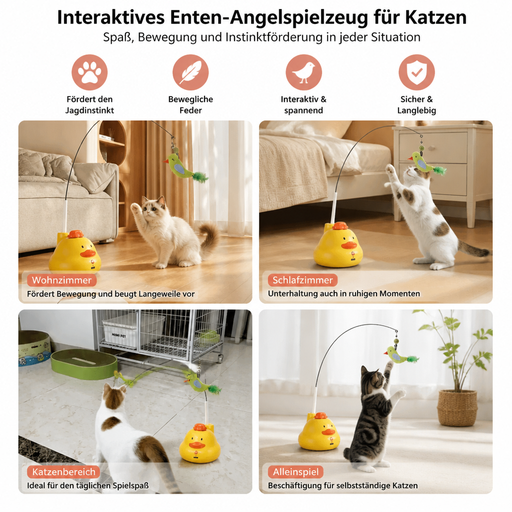 Interaktives Enten Angelspielzeug für Katzen mit Beweglicher Feder und Spannendem Jagdspaß