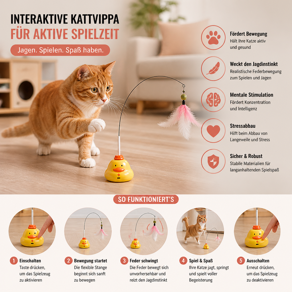 Interaktives Enten Angelspielzeug für Katzen mit Beweglicher Feder und Spannendem Jagdspaß