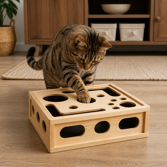 Interaktive Puzzle-Box aus Holz für Katzen – Kratz-, Versteck- und Leckerli-Spielzeug zur Bereicherung