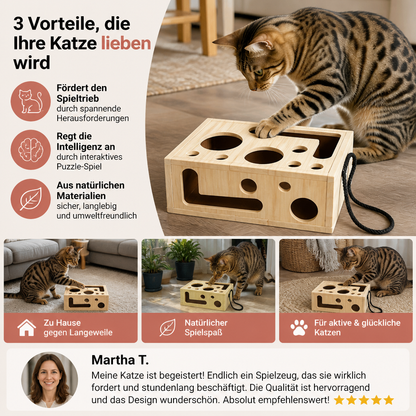 Interaktive Puzzle-Box aus Holz für Katzen – Kratz-, Versteck- und Leckerli-Spielzeug zur Bereicherung