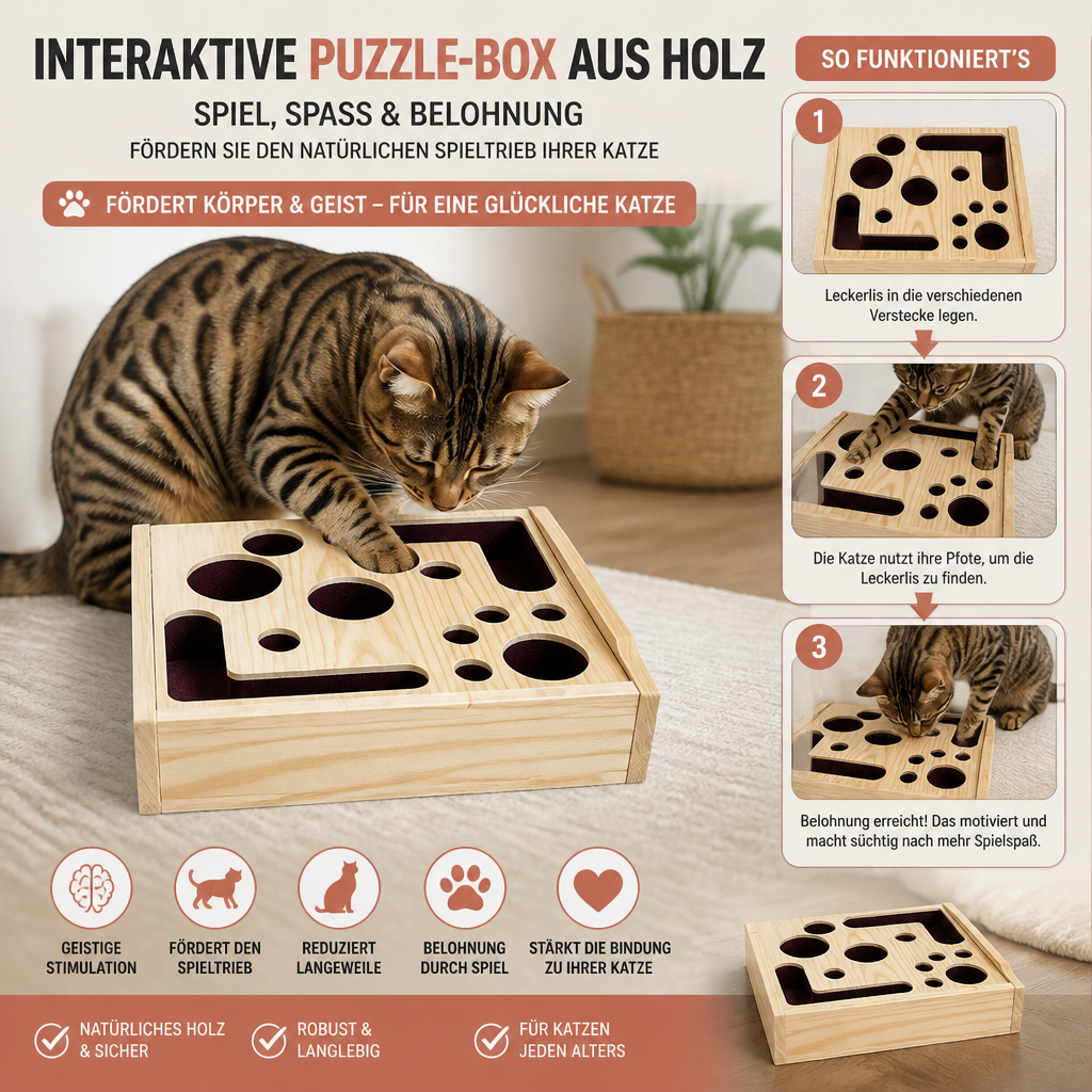 Interaktive Puzzle-Box aus Holz für Katzen – Kratz-, Versteck- und Leckerli-Spielzeug zur Bereicherung
