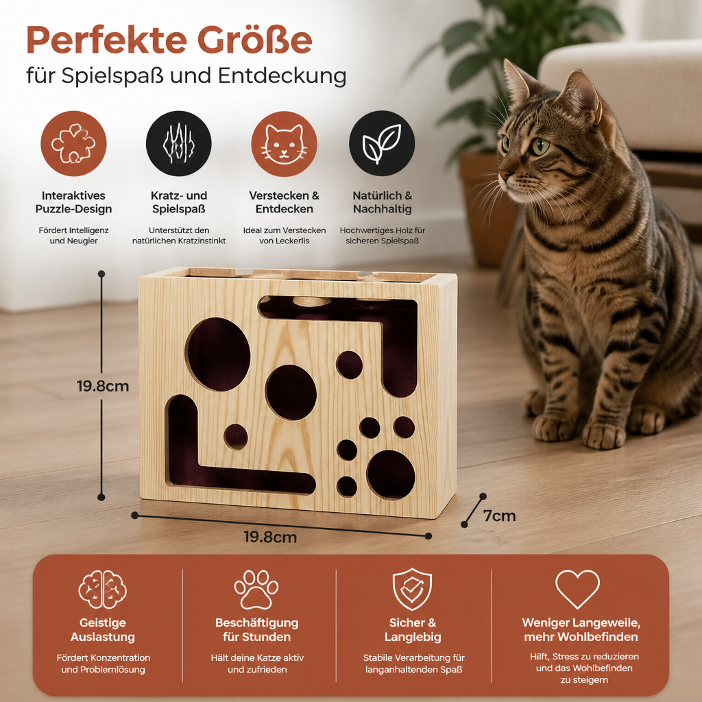 Interaktive Puzzle-Box aus Holz für Katzen – Kratz-, Versteck- und Leckerli-Spielzeug zur Bereicherung