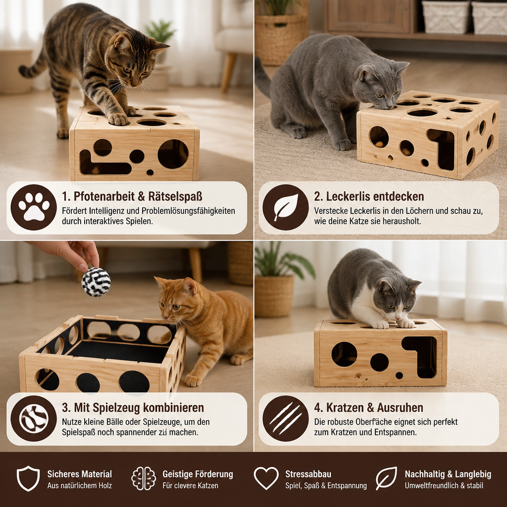 Interaktive Puzzle-Box aus Holz für Katzen – Kratz-, Versteck- und Leckerli-Spielzeug zur Bereicherung