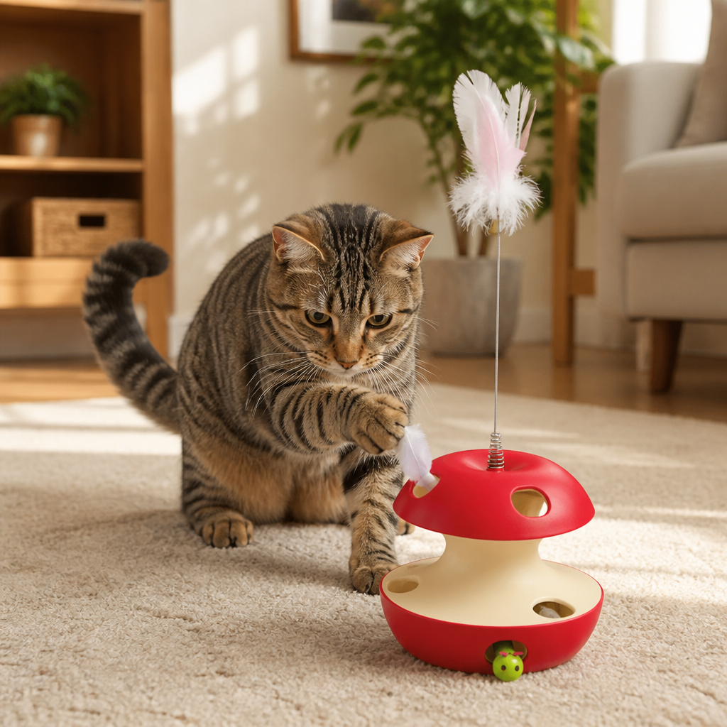3-in-1-Katzenspielzeug in Apfelform – Interaktives Spielzeug mit Feder und Ball