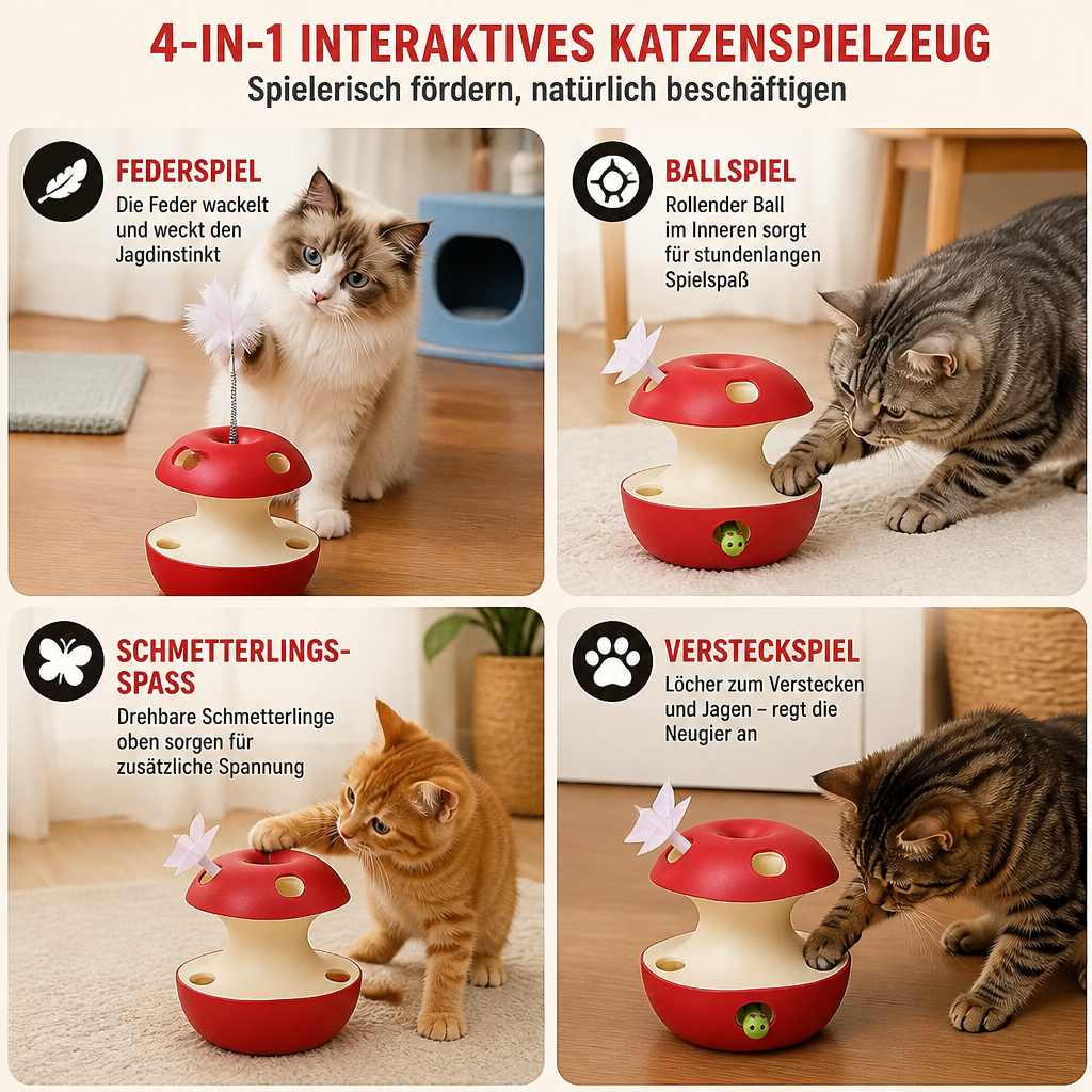 3-in-1-Katzenspielzeug in Apfelform – Interaktives Spielzeug mit Feder und Ball