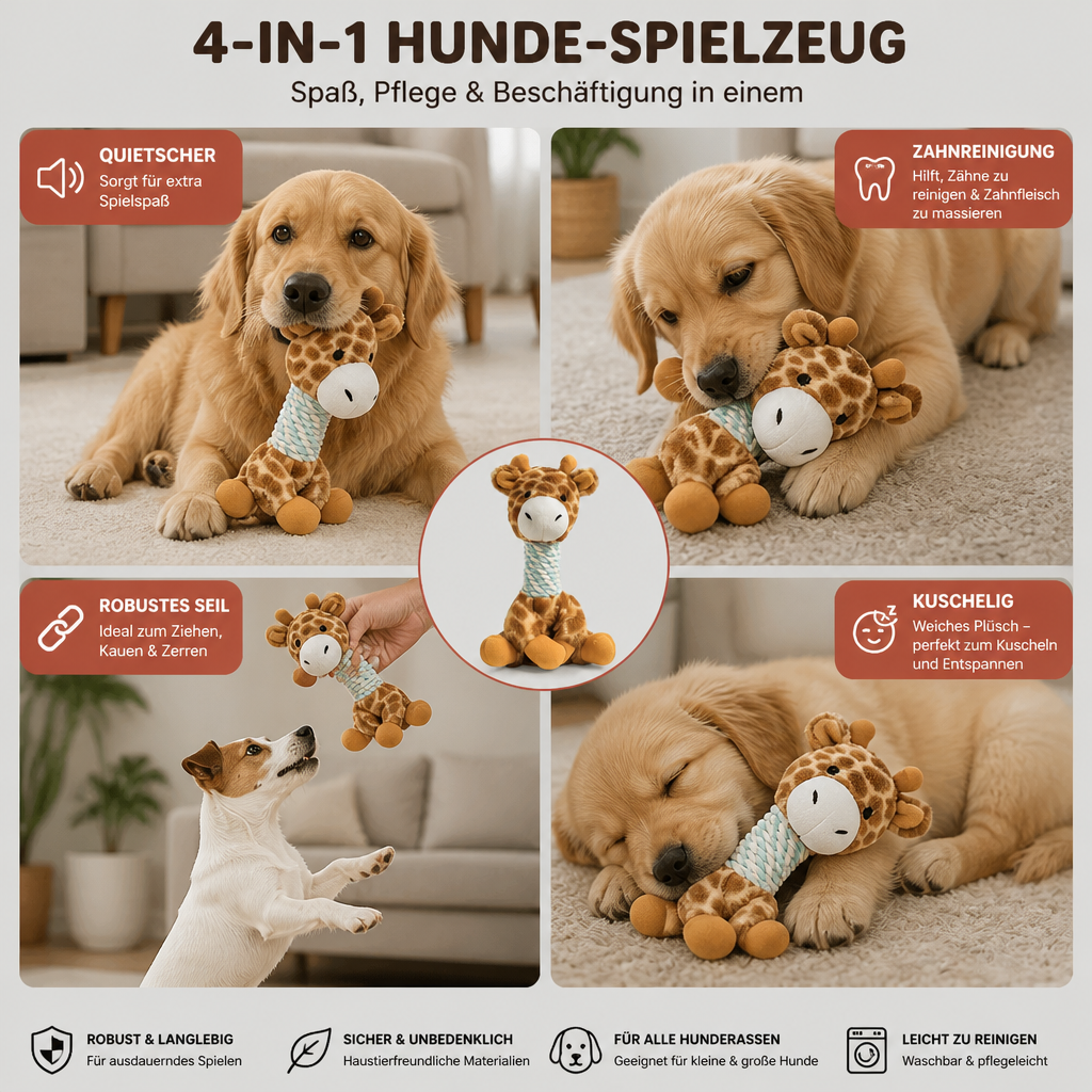 Robustes Tier-Plüsch-Hundespielzeug mit Seil, Quietscher und Zahnreinigungsfunktion