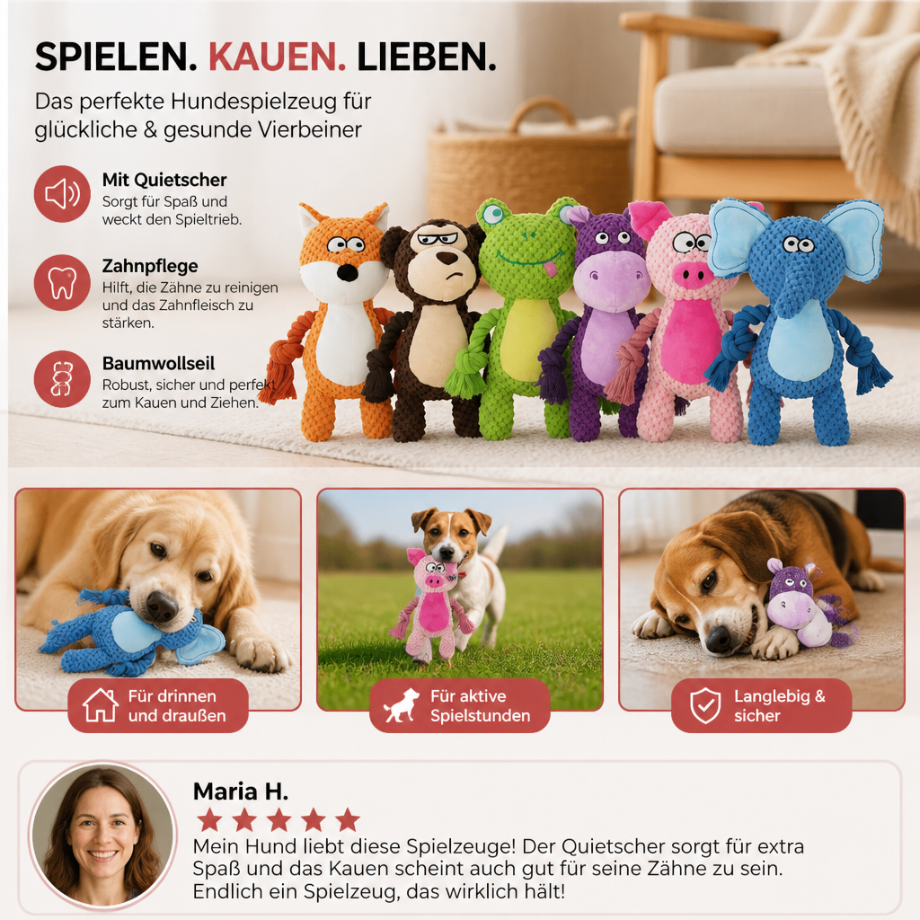 Plüsch-Hundespielzeug mit Baumwollseil - Quietscher & Zahnpflege