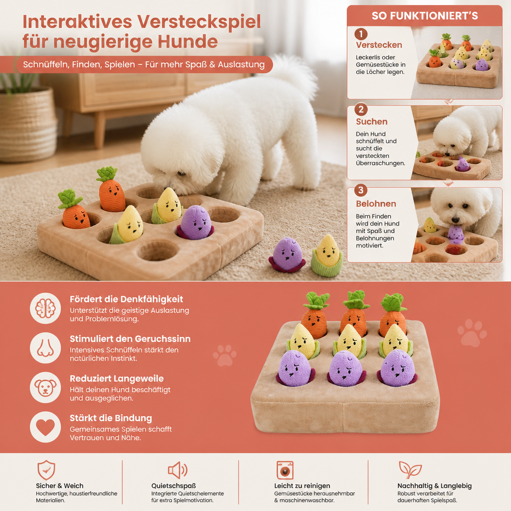 Interaktives Spielzeug für den Gemüsegarten – Versteckspiel-Schnüffelpuzzle mit quietschenden Gemüsestücken