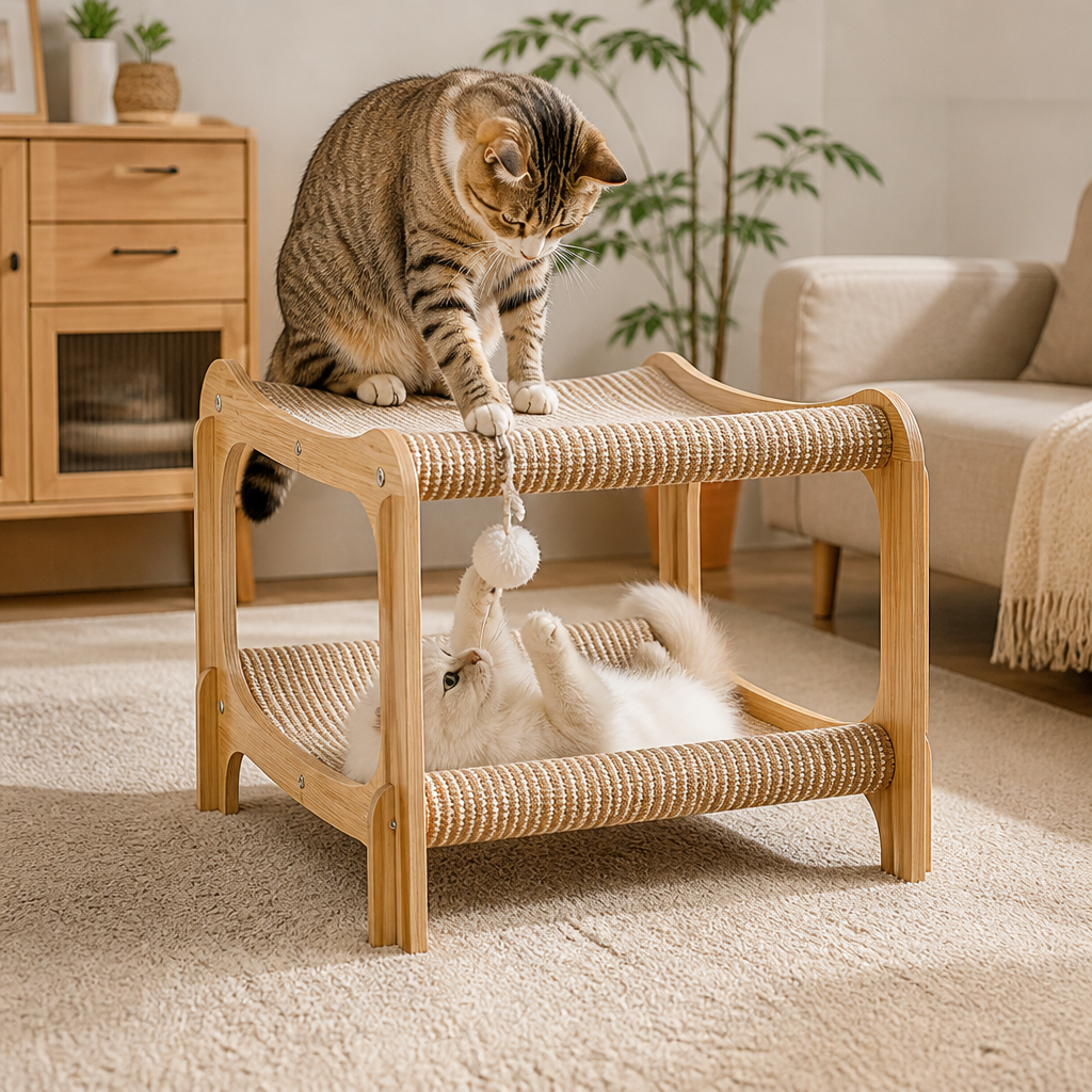 Doppelstöckiges Katzen-Spiel- & Liegebett aus Holz mit Sisal-Kratzrampe & Hängespielzeug
