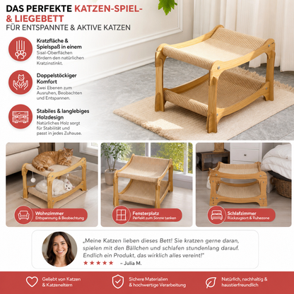 Doppelstöckiges Katzen-Spiel- & Liegebett aus Holz mit Sisal-Kratzrampe & Hängespielzeug