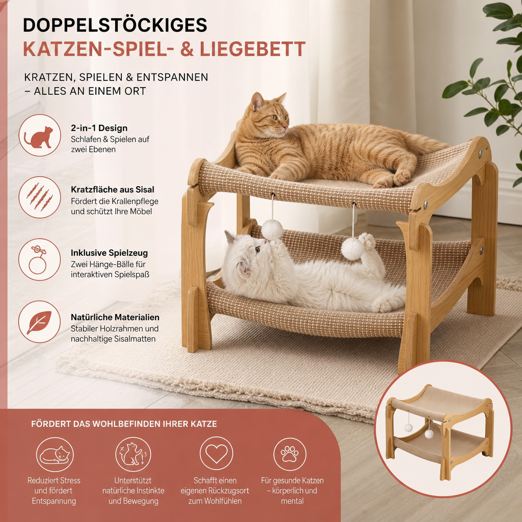 Doppelstöckiges Katzen-Spiel- & Liegebett aus Holz mit Sisal-Kratzrampe & Hängespielzeug