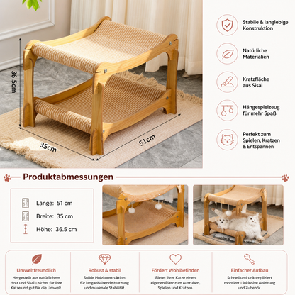 Doppelstöckiges Katzen-Spiel- & Liegebett aus Holz mit Sisal-Kratzrampe & Hängespielzeug