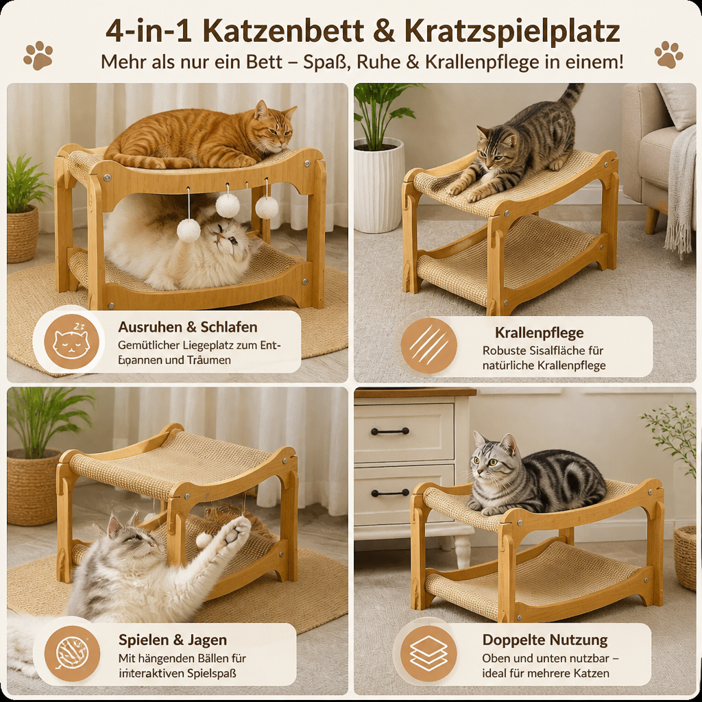 Doppelstöckiges Katzen-Spiel- & Liegebett aus Holz mit Sisal-Kratzrampe & Hängespielzeug