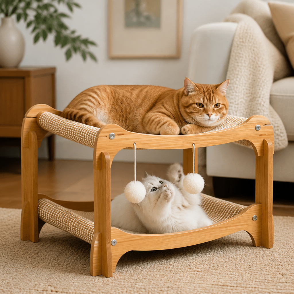 Doppelstöckiges Katzen-Spiel- & Liegebett aus Holz mit Sisal-Kratzrampe & Hängespielzeug