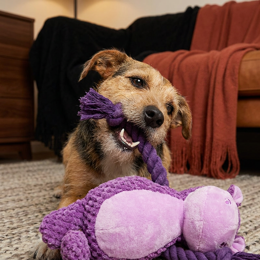 Plüsch-Hundespielzeug mit Baumwollseil - Quietscher & Zahnpflege