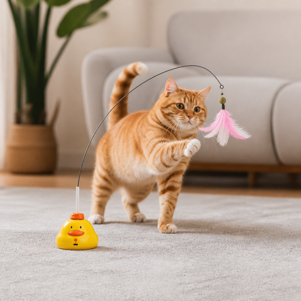 Interaktives Enten Angelspielzeug für Katzen mit Beweglicher Feder und Spannendem Jagdspaß