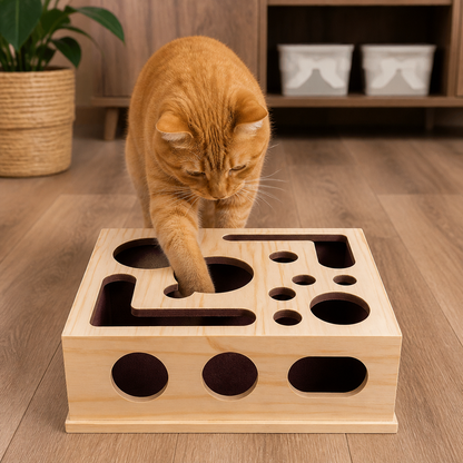 Interaktive Puzzle-Box aus Holz für Katzen – Kratz-, Versteck- und Leckerli-Spielzeug zur Bereicherung