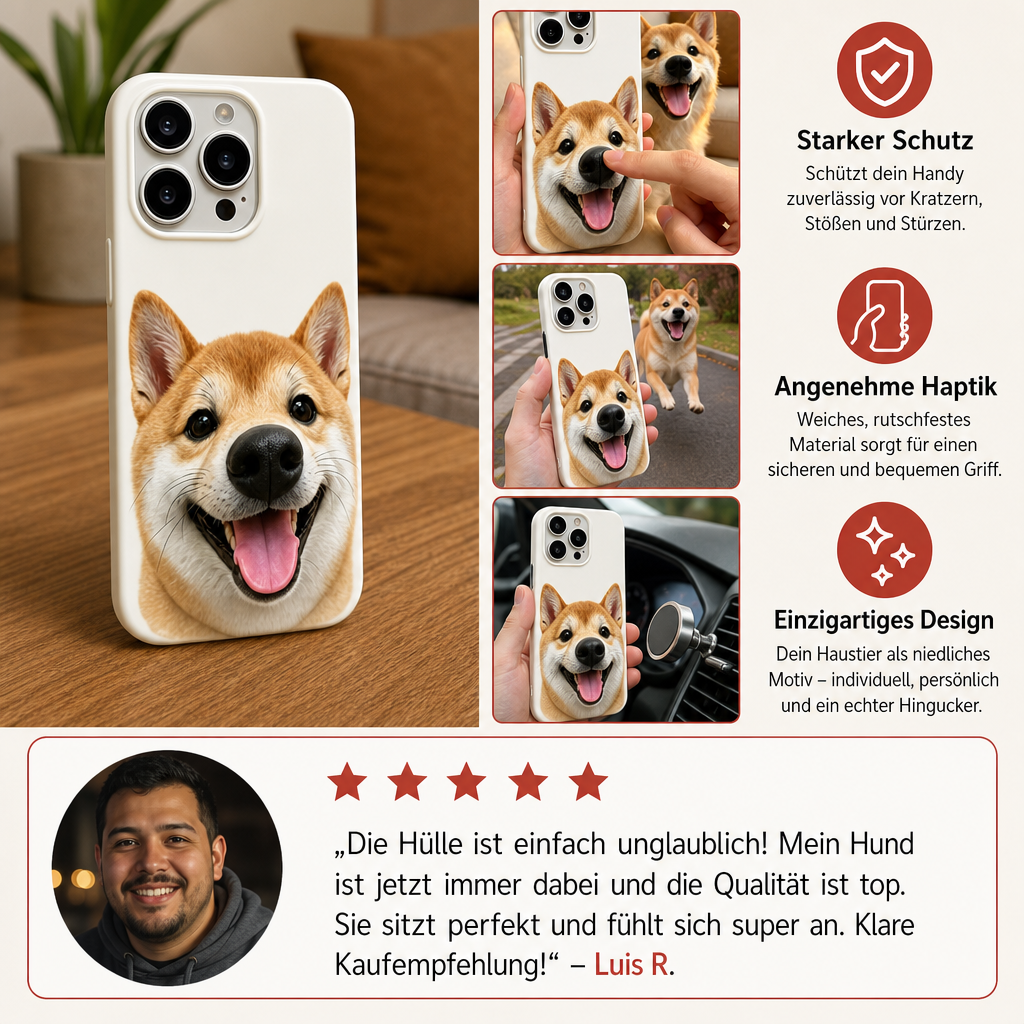 Personalisierte Haustier-Fotohülle mit 3D-Quetschnase