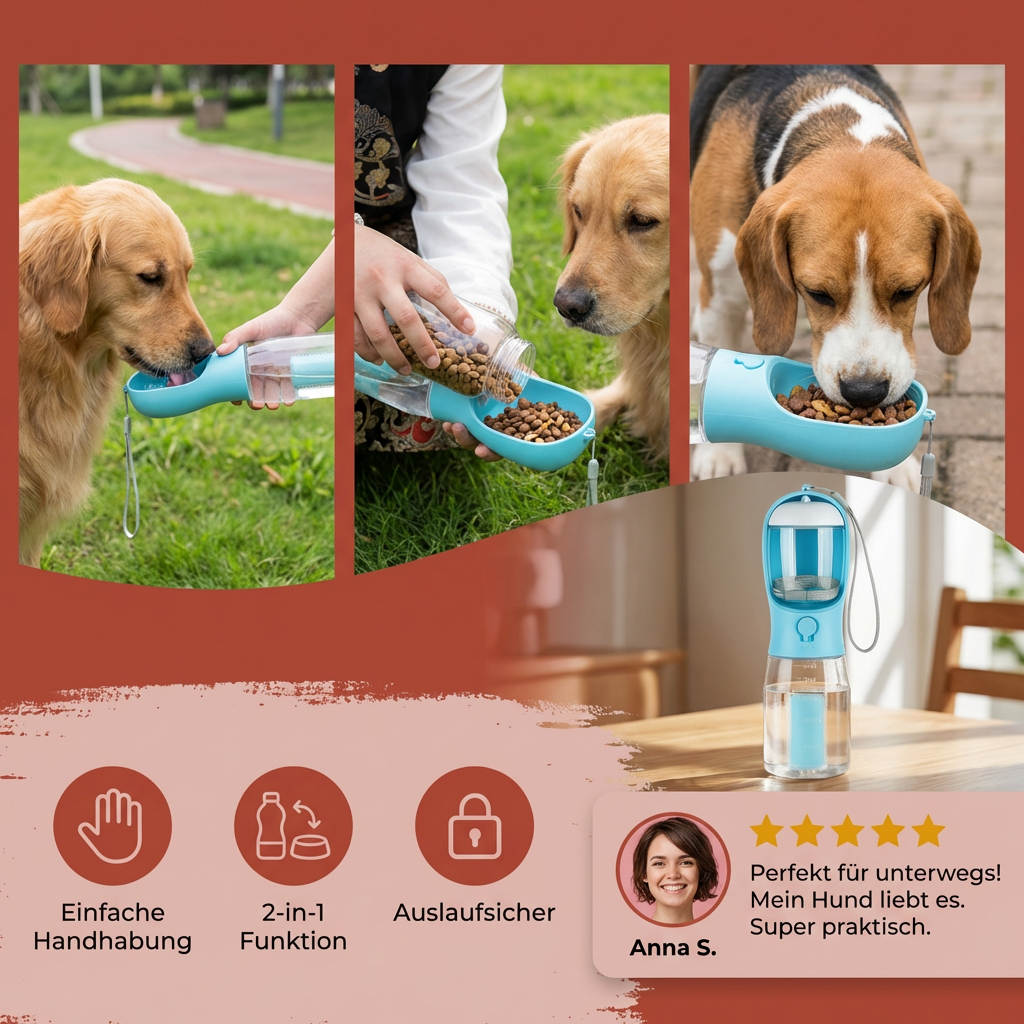 3-in-1 Hunde Trinkflasche – Wasserflasche mit Futterbehälter für unterwegs