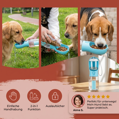 3-in-1 Hunde Trinkflasche – Wasserflasche mit Futterbehälter für unterwegs