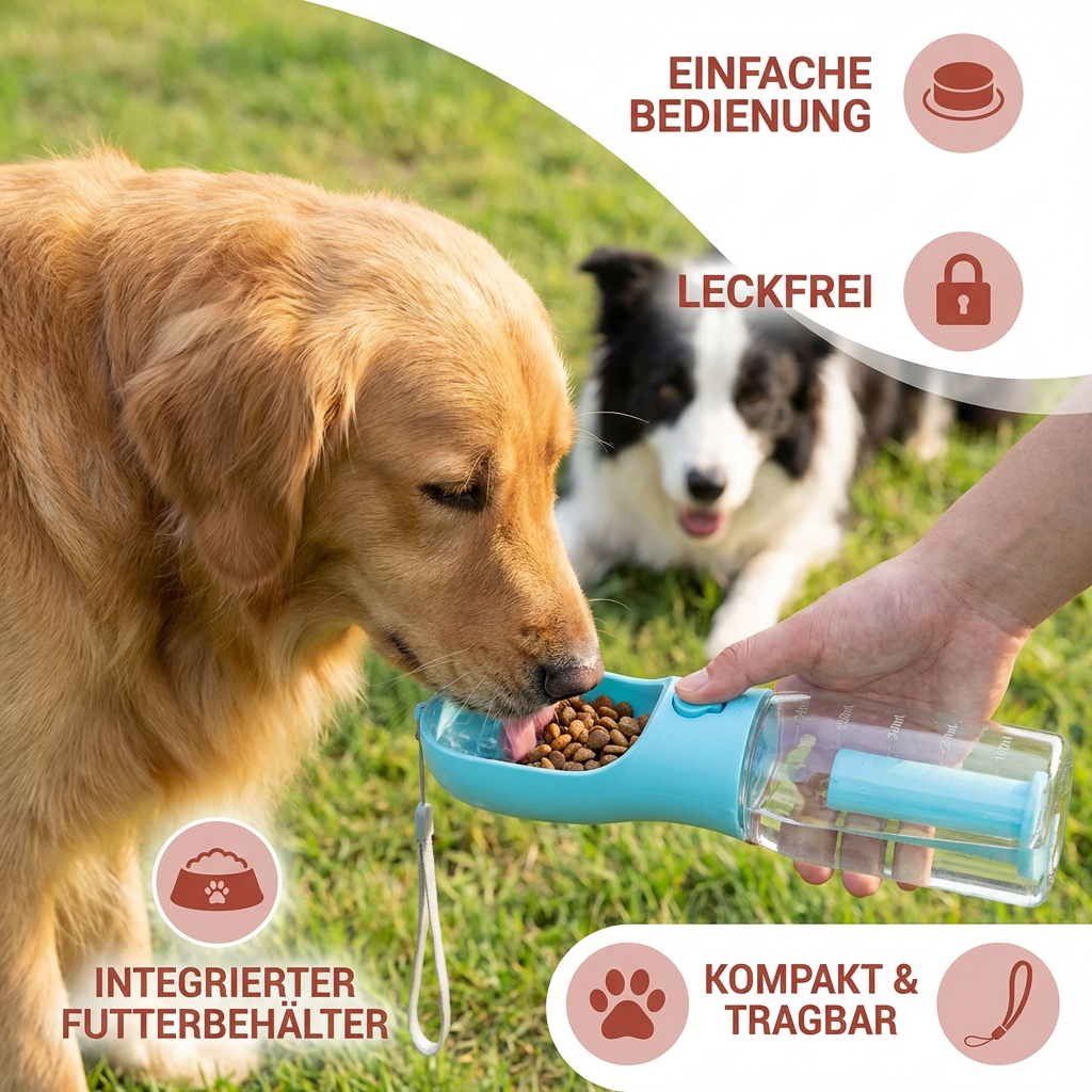 3-in-1 Hunde Trinkflasche – Wasserflasche mit Futterbehälter für unterwegs