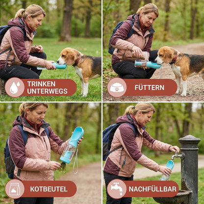 3-in-1 Hunde Trinkflasche – Wasserflasche mit Futterbehälter für unterwegs